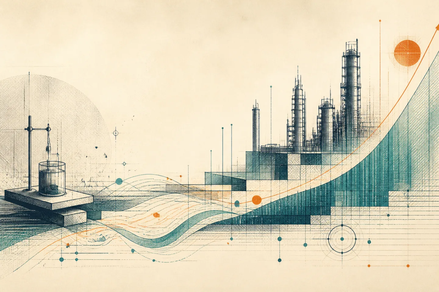 Illustration éditoriale abstraite d'un passage du laboratoire à l'échelle industrielle.