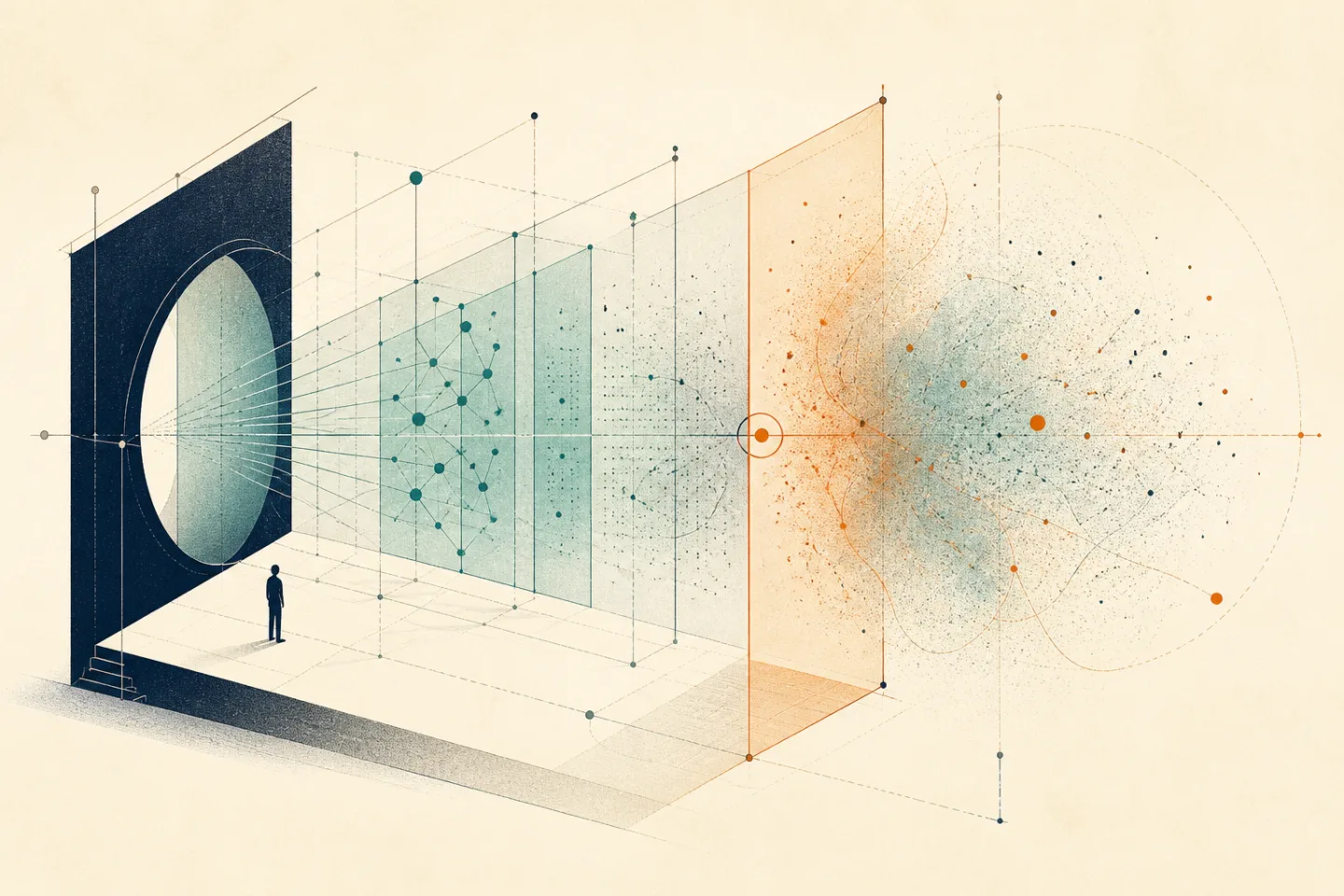 Illustration éditoriale abstraite d'un dispositif d'évaluation de l'intelligence artificielle.