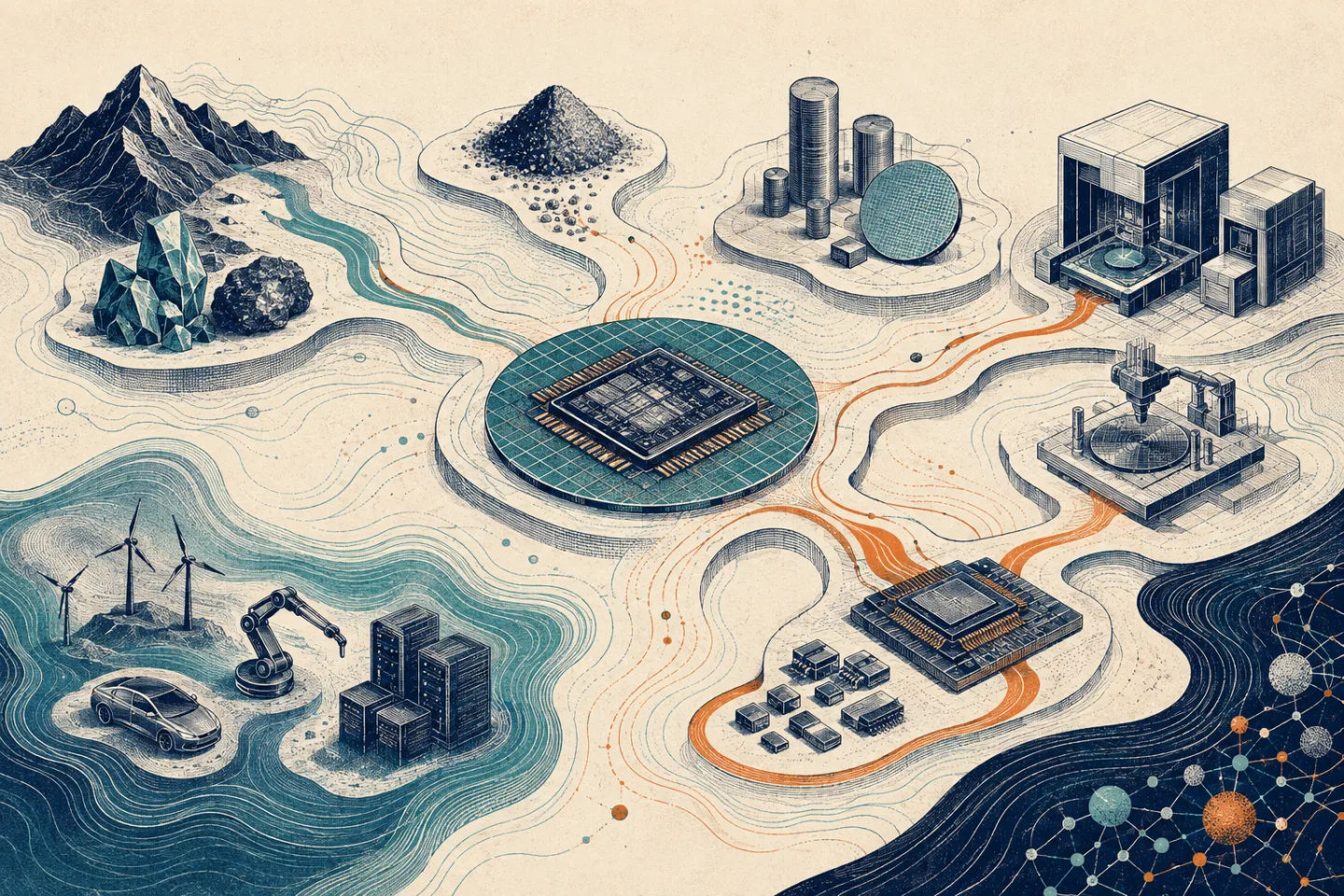 Illustration éditoriale abstraite des dépendances de la chaîne des semi-conducteurs.