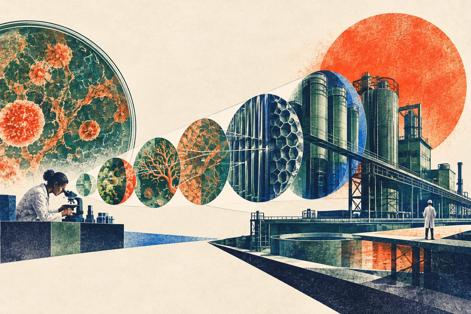 Illustration éditoriale abstraite d'un passage du laboratoire à l'échelle industrielle.