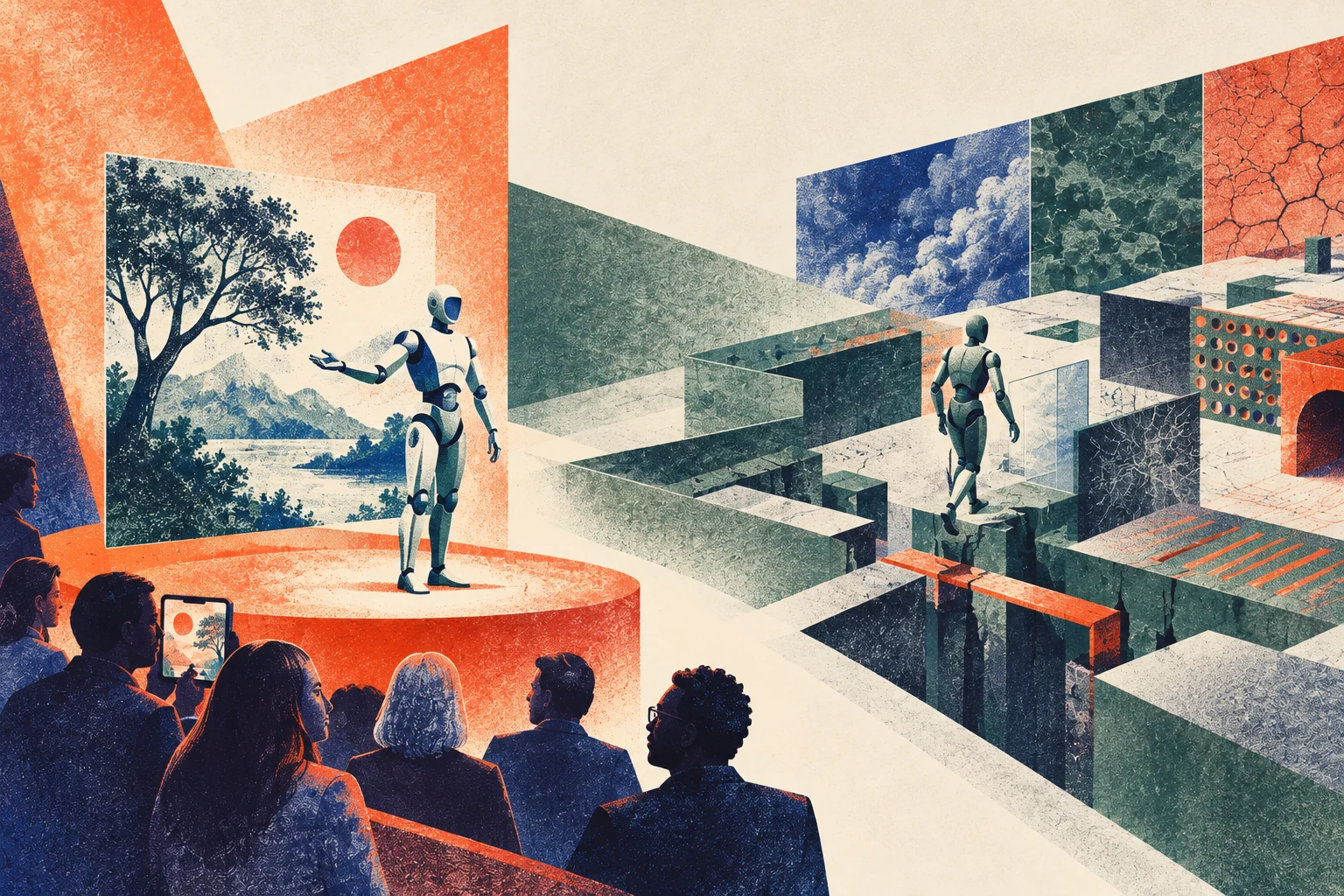 Illustration éditoriale abstraite d'un dispositif d'évaluation de l'intelligence artificielle.