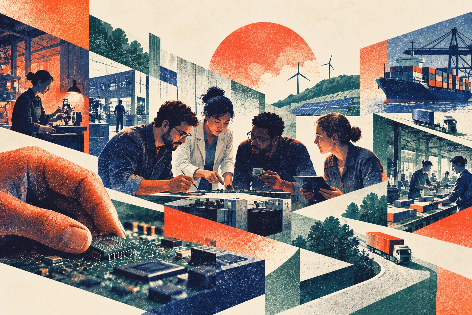 Illustration éditoriale abstraite des dépendances et compétences technologiques européennes.