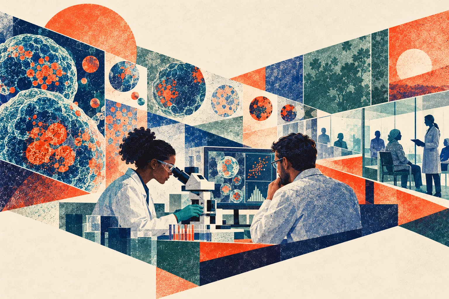 Illustration éditoriale abstraite du passage de la recherche biomédicale vers les soins.
