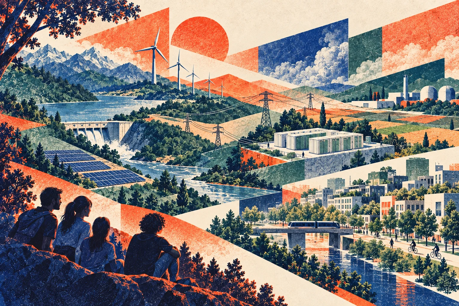 Illustration éditoriale abstraite du stockage et des réseaux d'énergie.
