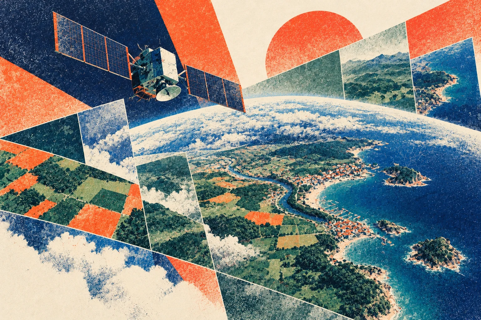 Illustration éditoriale abstraite des satellites et de la robotique appliquée au sol.