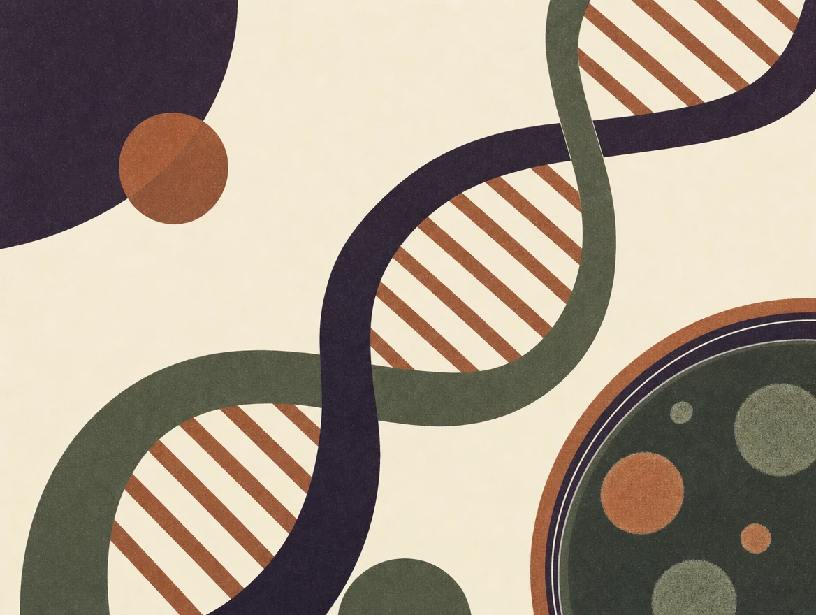 Illustration éditoriale abstraite du passage de la recherche biomédicale vers les soins.