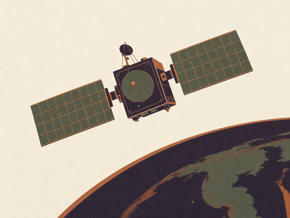 Illustration éditoriale abstraite des satellites et de la robotique appliquée au sol.